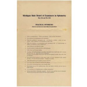 Michigan State Board of Optometry exams 1913 and 1914, original printed test document with Practical Optometry heading, aged paper