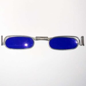 Cobalt blue clip-on safety lenses by Fendall 1955 for welding and foundry eye protection, vintage industrial safety eyewear acquired by Dalloz France and Honeywell Safety