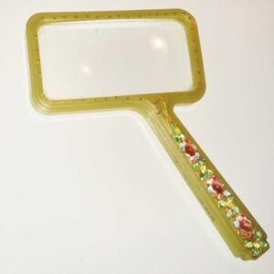 Bausch & Lomb 1940s Lucite magnifying glass hand-painted in gold and green with pink amethyst stones, vintage decorative hand magnifier