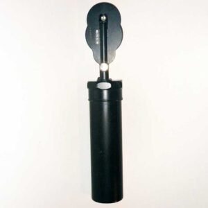 DeZeng ophthalmoscope 1922 with battery handle retailed by Theodore Hamblin London, original Ever Ready dry cell battery and case, antique early electric ophthalmoscope