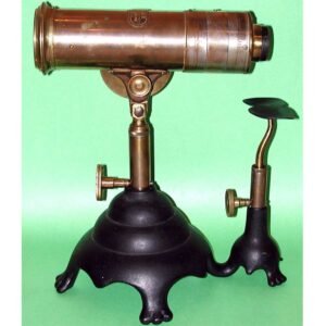 Mediaometer refractometer 1903, American-made brass optical tube on cast iron pedestal base with articulated arm and adjustment knobs