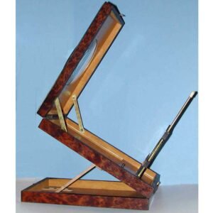 Antique 1880s graphoscope with decorative wooden body, brass fittings, and folding easel stand, used for viewing carte de visite photographs in the Victorian parlor