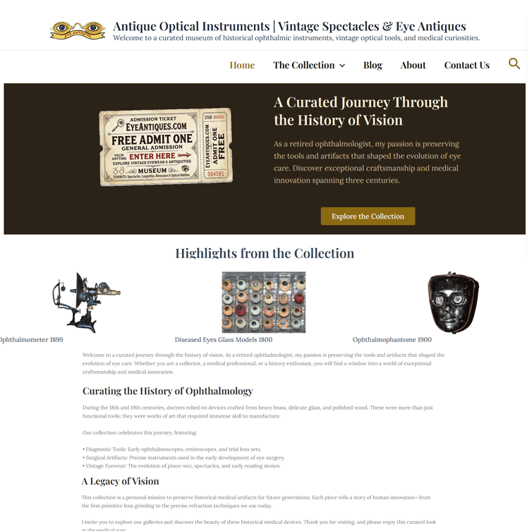 home page of eyeantiqeus in 2026