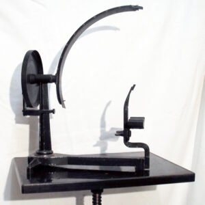 Antique c.1883 Heidelberg Perimeter with 90 degree rotating arc arm on cast iron stand, produced by the Jung company, used for peripheral visual field testing and glaucoma assessment