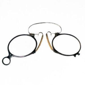 Antique 1875 horn rim pince-nez with variegated brown horn rims, steel spring, and original cork nose pads, unsold old stock patent dated August 1875
