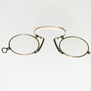 Antique 1890 gold plated cork and gold plate pince-nez eye glasses by Bay State Optical, new never-worn old stock with original +2.00 diopter lenses and cork nose pads intact
