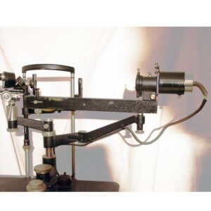 Early Goldman Haag-Streit slit lamp biomicroscope 1932 with articulated arm and binocular viewing head, rare antique ophthalmic diagnostic instrument