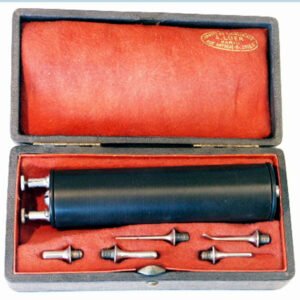 Electrical hand magnet by Luer of Paris early 1900s Keystone model in original orange velvet fitted case with interchangeable tips, antique intraocular foreign body removal instrument