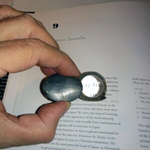 Rare c.1790 antique folding pocket magnifier with natural horn case, brass studs, and biconvex magnifying glass lens, Georgian era optical instrument