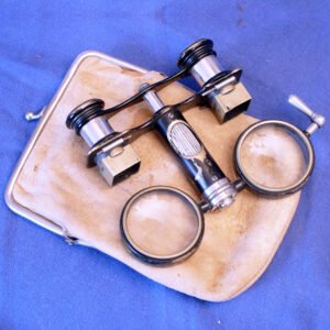 Collapsible theater binoculars 1895 Galilean telescope design in original leather case with accessories, antique Victorian opera glasses Belle Époque