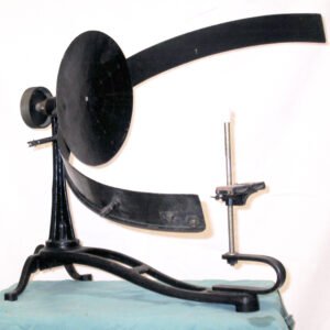 Antique late 1800s Förster Perimeter with 180 degree rotating arc arm and cast iron stand, used for visual field testing in ophthalmic examinations