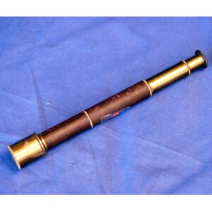 Antique long hand spectroscope with brass body and leather wrapped grip barrel, Victorian era scientific instrument for analyzing wavelengths of clear substances