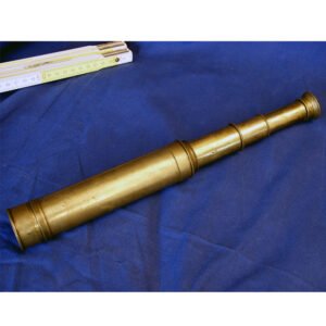 Antique marine monocular Keplerian telescope in brass, shown extended and collapsed on blue velvet, 60 cm fully extended