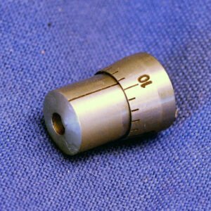 Variable depth calibrator for Schiotz tonometer, compact adjustable brass precision instrument for verifying tonometer accuracy, rare antique glaucoma diagnostic accessory