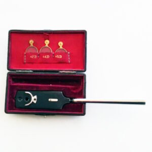 Rare antique Japanese ophthalmoscope 1892 by Dr. Jujiro Komoto in original red-lined fitted case with three accessory lenses and two rotating mirrors, steel and chrome-plated brass handle