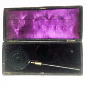 Antique 1870s Liebreich Ophthalmoscope 2 by Patz and Flohr Berlin in fitted case inscribed Liebreich's Ophthalmoscope in gold, with two viewing lenses and partial case stamp 4200 D.F.