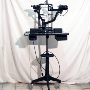 Antique 1933 Haag-Streit 700 Goldmann slit lamp on original floor stand, the landmark ophthalmic examination instrument designed by Hans Goldmann in collaboration with Haag-Streit Bern