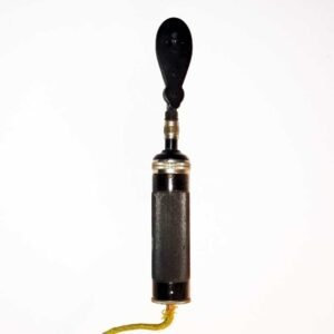 Antique c.1915 Hare ophthalmoscope with transformer power cord, geared overlapping lens disc, and adjustable focus column, marked Genothalmic General Optical Co. Inc., early electric ophthalmic examination instrument