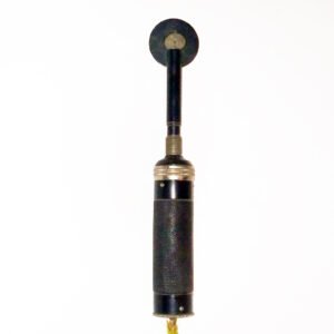 Antique 1915 Genothalmic retinoscope with round angled mirror, knurled focus ring, and rheostat brightness control, one of the earliest electrically powered ophthalmic examination instruments