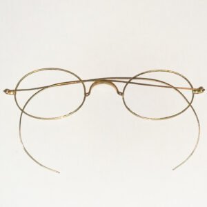Antique c.1890 gold filled oval wire rim spectacles with W-bridge and wrap-around wire temple pieces, late Victorian era eyeglass frames with GF hallmark