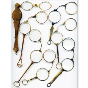 Antique lorgnette collection displaying multiple handled spectacles in brass and metal across various styles and periods
