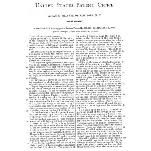 Nose gage patent for fitting glasses 1900