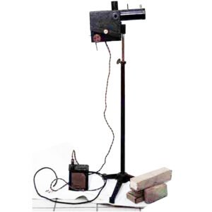 Carbon arc lamp projector on adjustable stand with transformer and carbon electrode holder, antique ophthalmic light source