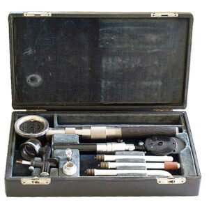 Copeland Examination Kit circa 1950 open fitted case showing retinoscope, ophthalmoscope, otoscope and transillumination bulbs