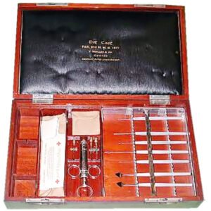 Antique eye surgery kit in fitted mahogany case with 19th-century ophthalmic surgical instruments in original recesses