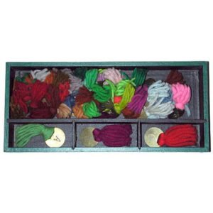 Antique Holmgren color vision testing kit with original colored wool skeins in fitted display case, used for railway employee color blindness screening in the 19th century