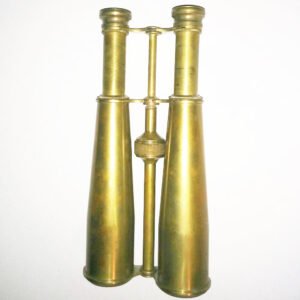 Civil War brass binoculars 10 inches long, antique Galilean military field glasses mid-1800s, all-brass construction shown upright
