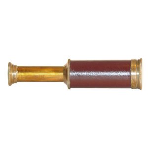 Antique brass and leather telescope single draw hand format, polished brass fittings with leather-wrapped barrel shown collapsed