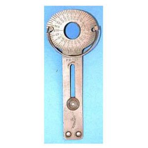 Antique aluminum lens clamp for refraction with circular blue glass head, degree-calibrated scale, and adjustable clamping arms, rare early optometric over-refraction instrument
