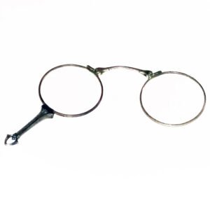 Antique silver lorgnette circa 1860, hallmarked sterling with T&P maker's mark, shown open as folding hand-held spectacle with original patina