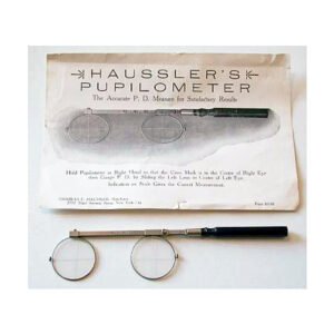 Haussler's pupilometer antique PD instrument circa 1900 with original illustrated instruction card and crosshair measuring device