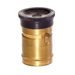 Antique student microscope 19th century French, lacquered brass cylindrical body with Stanhope lens, simple magnifier, and hat-pin needle